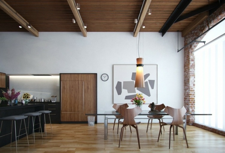móveis na sala de jantar vigas de madeira efeito de cozinha em parquet de vidro mesa design