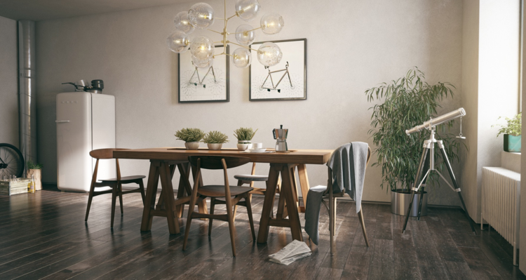 móveis sala de jantar madeira design rústico parquet binóculos geladeira retro