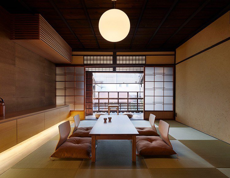 configuração em estilo de estar japonês, sala de estar, sala de jantar