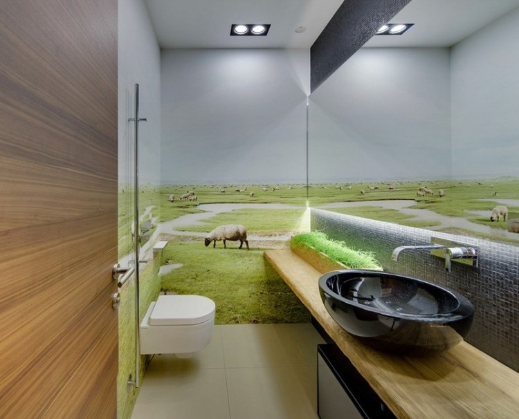 decoração ideias-natureza-olhar-banheiro-foto-papel de parede-prado-ovelha-preto-bancada-madeira-lavatório