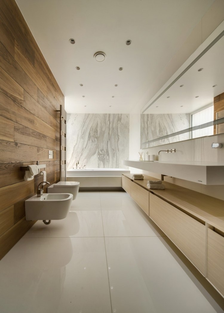 ideias de decoração-aparência-natural-banheiro-revestimento de parede de madeira-grande formato-ladrilhos brancos