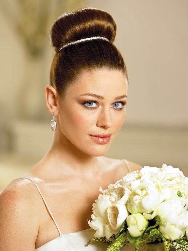 Penteado, diadema, penteado, penteado, buquê nupcial, chique