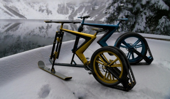 bicicleta para neve amarelo azul esporte inverno