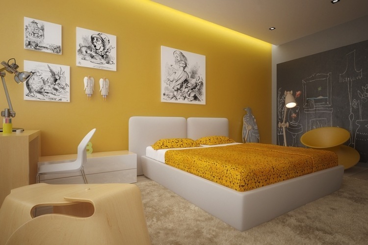 cores-quartos infantis-exemplos-amarelo-realce de parede-branco-móveis-iluminação led