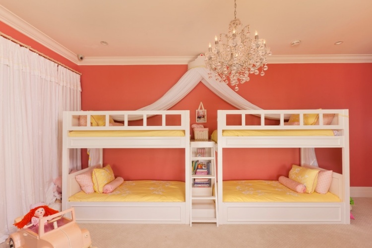 cores-quarto-das-crianças-menina-beliche-camas-amarelo-coral-parede-pintura