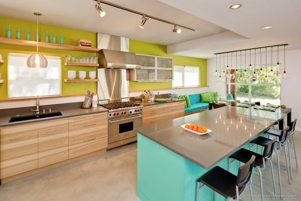 teste de cor tipo de cor turquesa azul verde combinação armários de madeira para cozinha