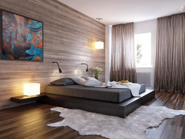 cores quarto de teste piso de madeira revestimento de parede de madeira cama preta