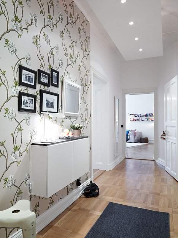 Hall-storage-furniture-background-lighting-black-white-floral-wallpaper-pattern