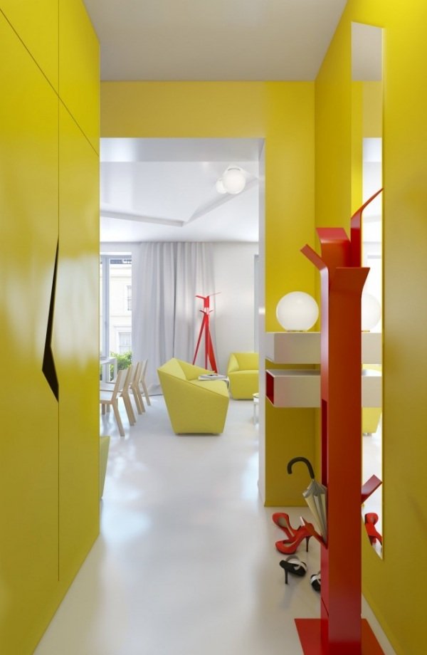 Design-apartamento-corredor-amarelo-paredes-cabide-roupas-vermelho-para-excitação-mobília futurística