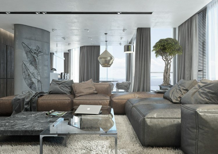 móveis cinza cortinas marrom decoração de parede
