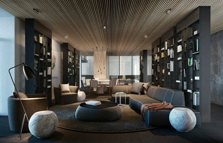 sala de estar em pedra natural cinza ripas de madeira