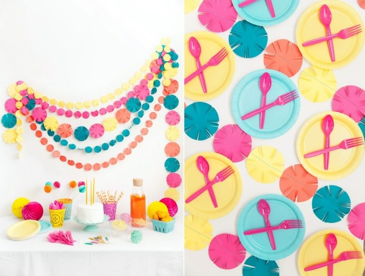 Faça guirlandas de carnaval com círculos de papel em cores brilhantes