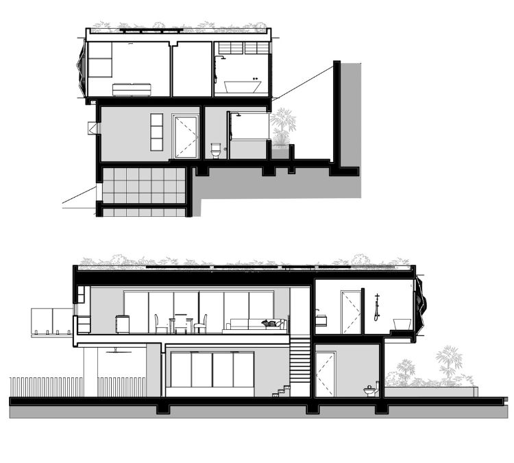 Fachada com casa de design moderno de brise soleil revestido de madeira planta baixa vista lateral