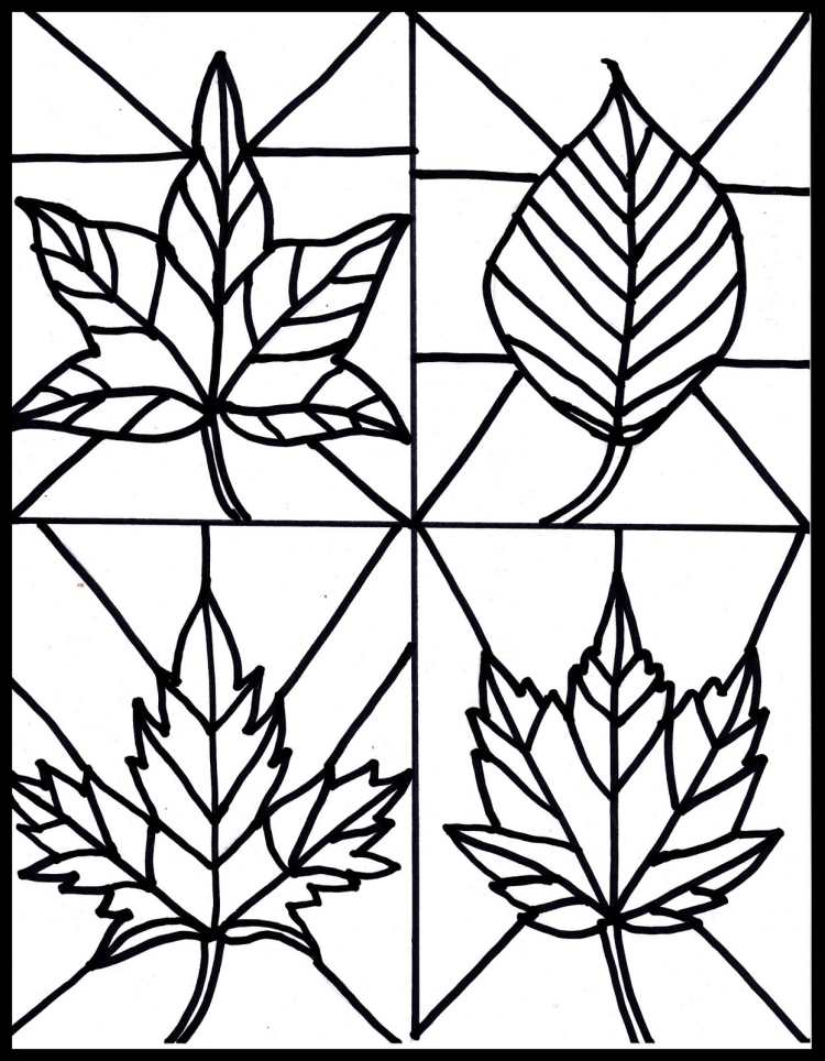 janela-fotos-outono-modelo-impressão-coloração-estêncil-folhas-vitral