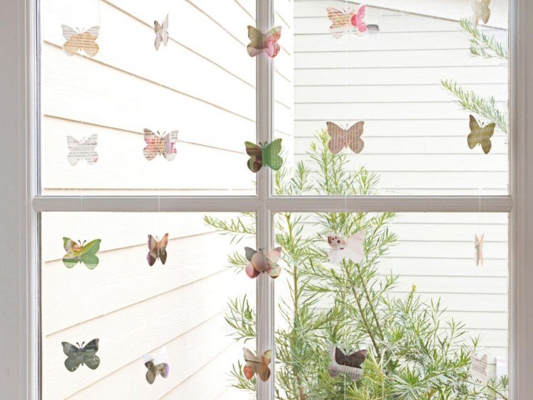 Decoração de janela Tinker - guirlandas-borboletas-revistas de papel recortadas