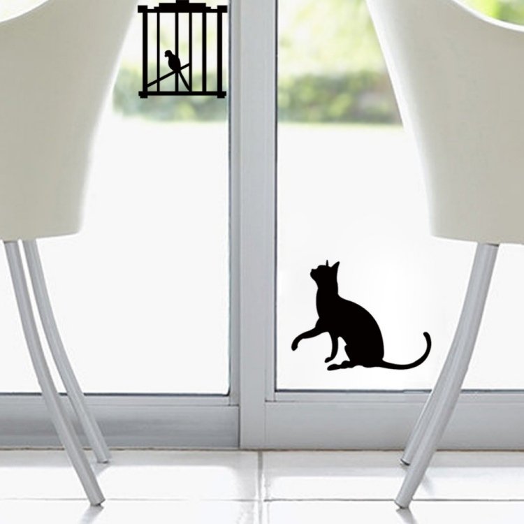 janela-decoração-tinker-cat-stick-on-silhouette-black-bird-gaiola