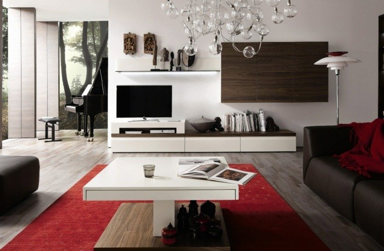 tv-wall-ideas-modern-wall-unit-brown-shelves-chandelier-red-interior