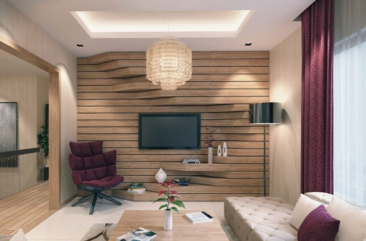 tv wall ideas wood-3d-shelf-built-in-chair-purple-poltrona