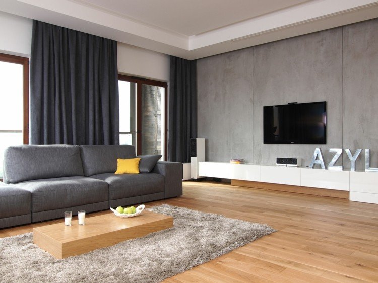 ideias de parede de tv parede de concreto-monocromático-mobiliário-minimalista-branco-lowboard