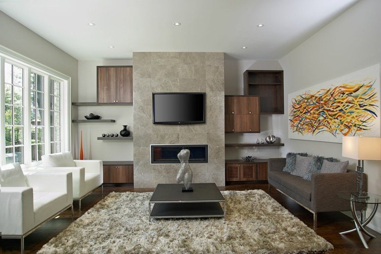 ideias de parede de tv concreto-sotaque-parede-nicho-armário-carpete