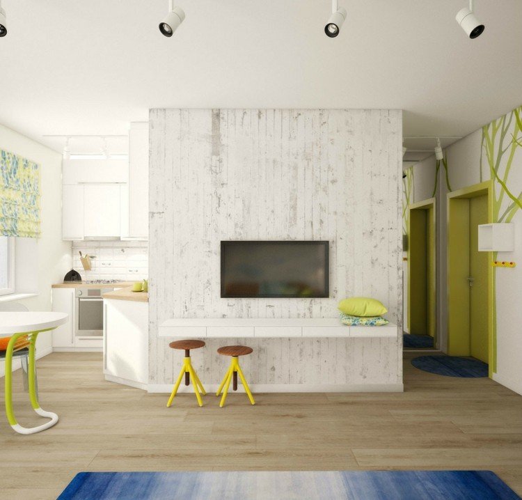 tv-wall-ideas-shabby-style-modern-green-accents-white-blue-carpet-ombre