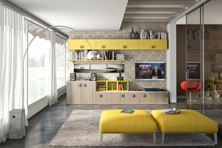 tv-wall-ideas-living-wall-inspiration-yellow-accent-mirror-wall