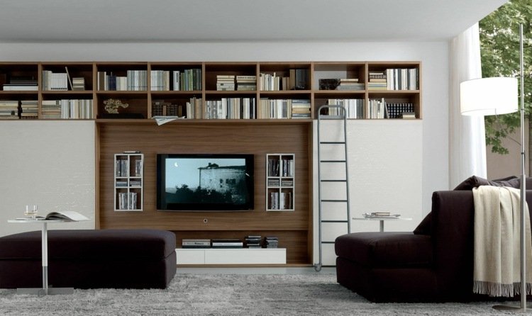 tv wall ideas prateleira-biblioteca-escada-marrom-branca-móveis