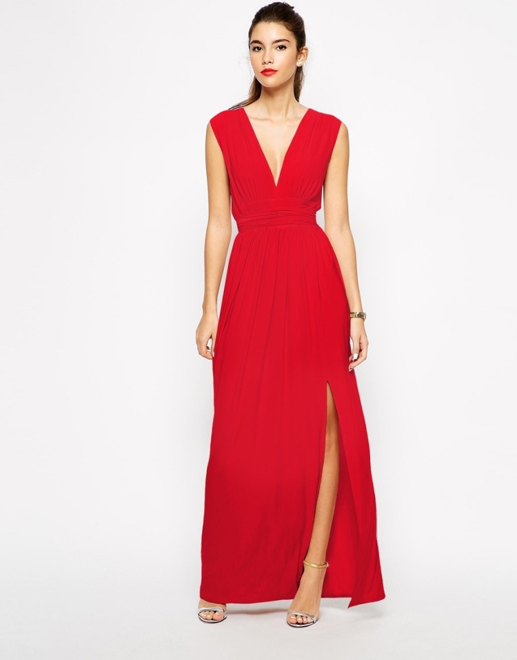 Love-maxi-dress-deep-decote em V-fenda-red