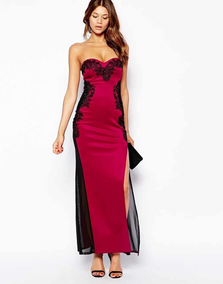Lipsy-strapless-maxi-dress-floral-lace-mesh-side-red-black