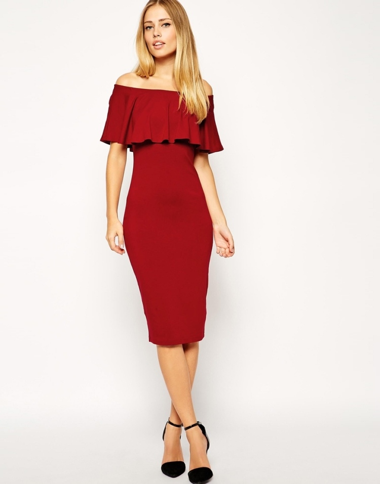 Bardot-midi-dress-frilled-top-dark-red-christmas-idea