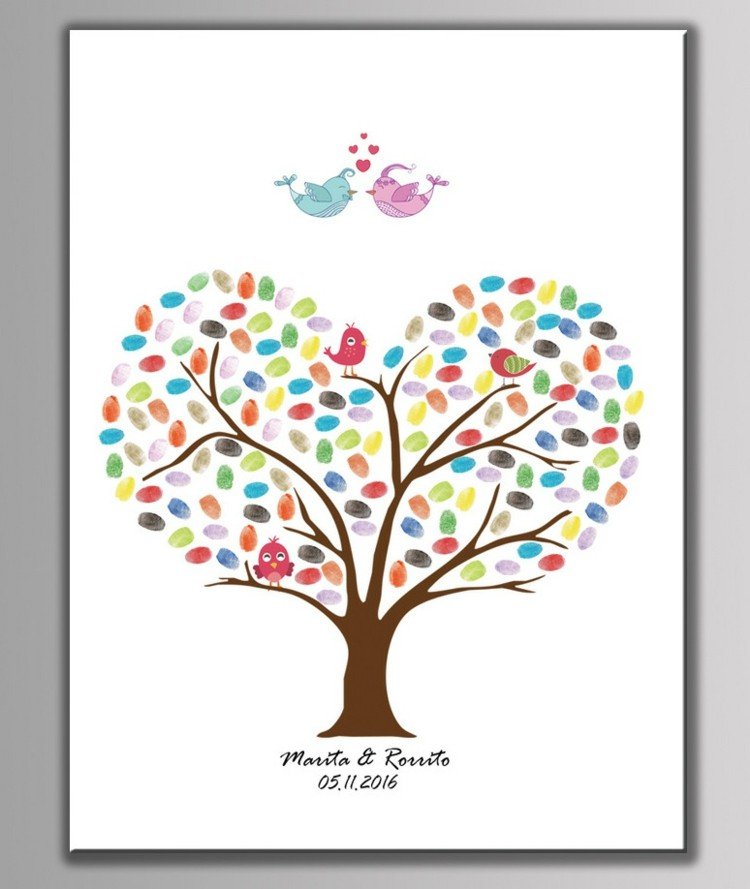 imagens de impressão digital árvore-coroa-coração-colorido-pássaros-casamento-amor