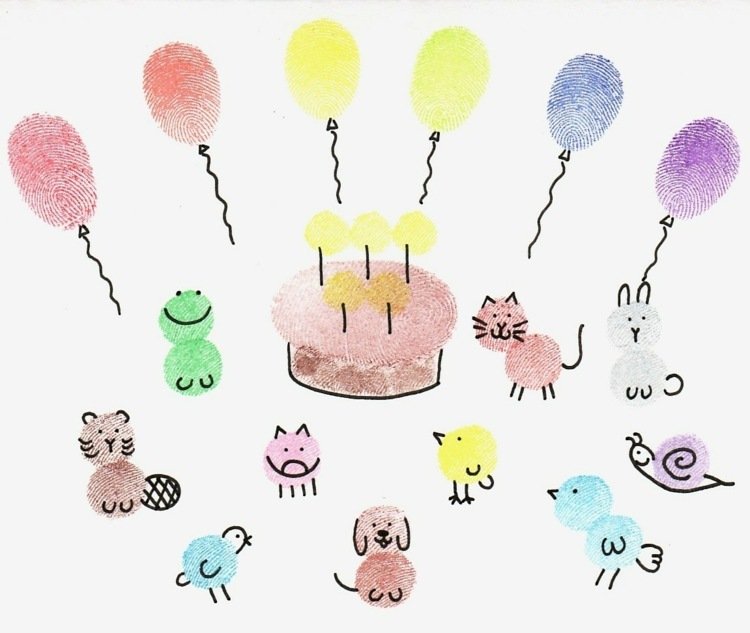 impressão digital animais com balões cachorro gato porco caracol cartão de aniversário