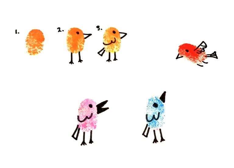 pintura de impressão digital de pássaros para crianças em três etapas