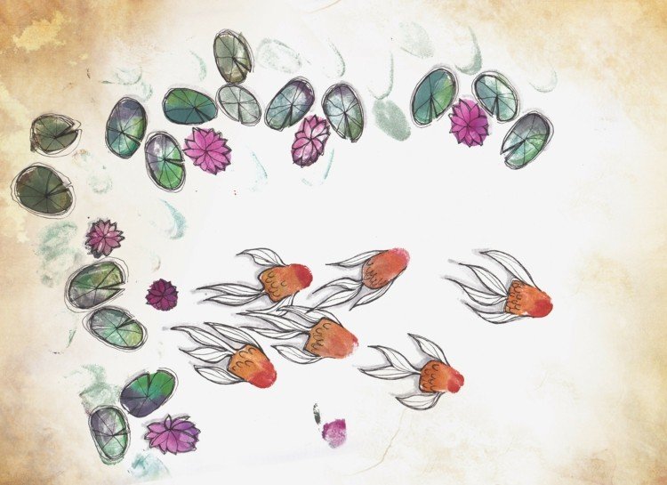 fotos de impressões digitais pretty-idea-canvas-decoration-goldfish-water lily-leaves