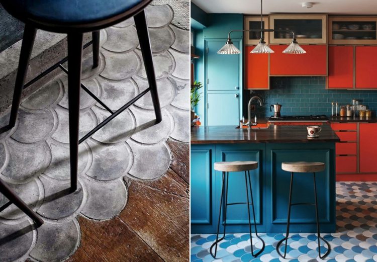 Pisos feitos de ladrilhos de escama de peixe em azul e uma combinação de parquet e concreto