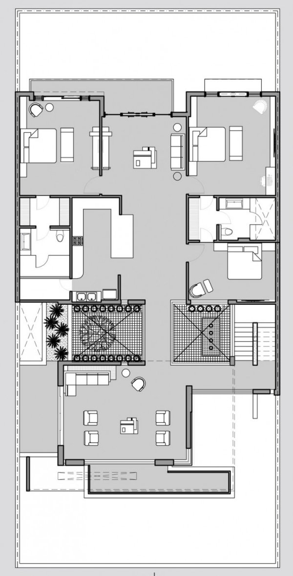 Layout da casa do pátio com 2 camas de solteiro