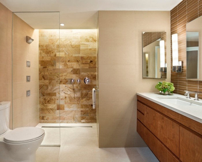 azulejos-aparência de arenito-banheiro-área de chuveiro-parede de destaque