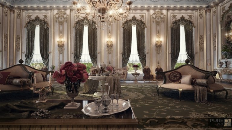 móveis luxuosos cortinas barrocas modernas francesas cor escura
