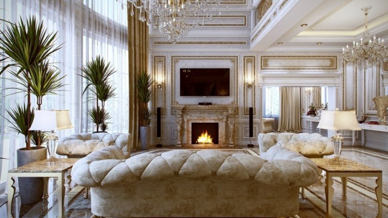 móveis luxuosos com lareira francesa, mesa lateral de ouro, plantas, abajur