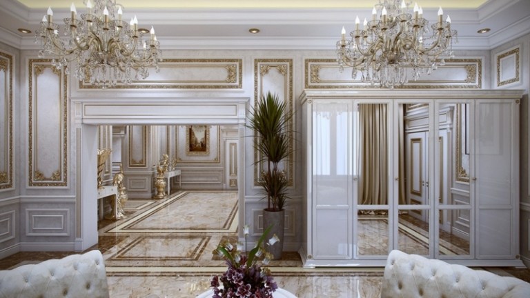 móveis de luxo, espelho francês, gabinete, painel de madeira, parede, ouro branco