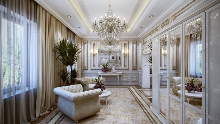 mobiliário de luxo, espelho francês, parede, iluminação, mármore, corredor