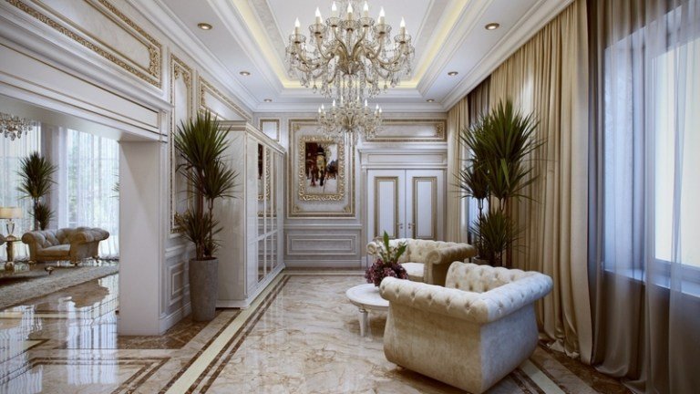 Mobiliário francês de luxo corredor piso de mármore poltrona lustre design elegante