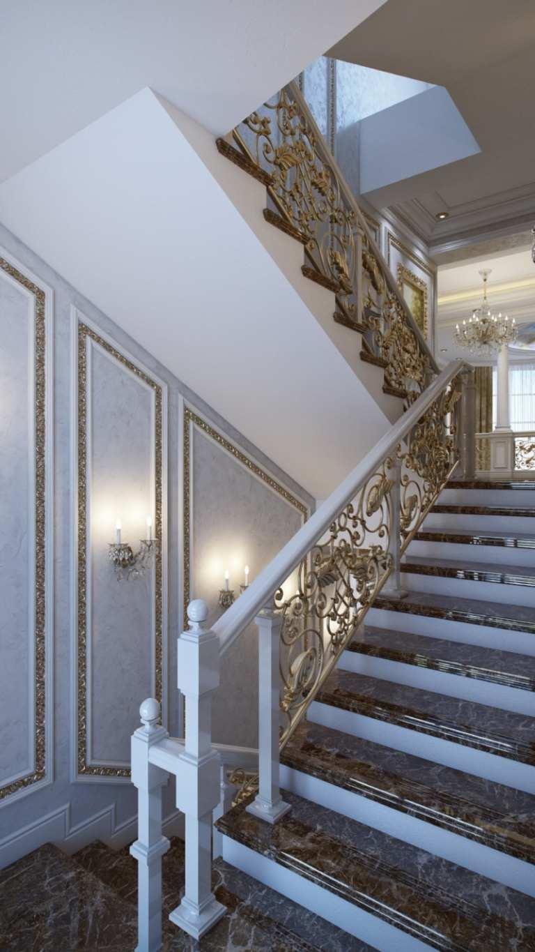 móveis de luxo escadas nobres francesas balaustrada de madeira mármore branco