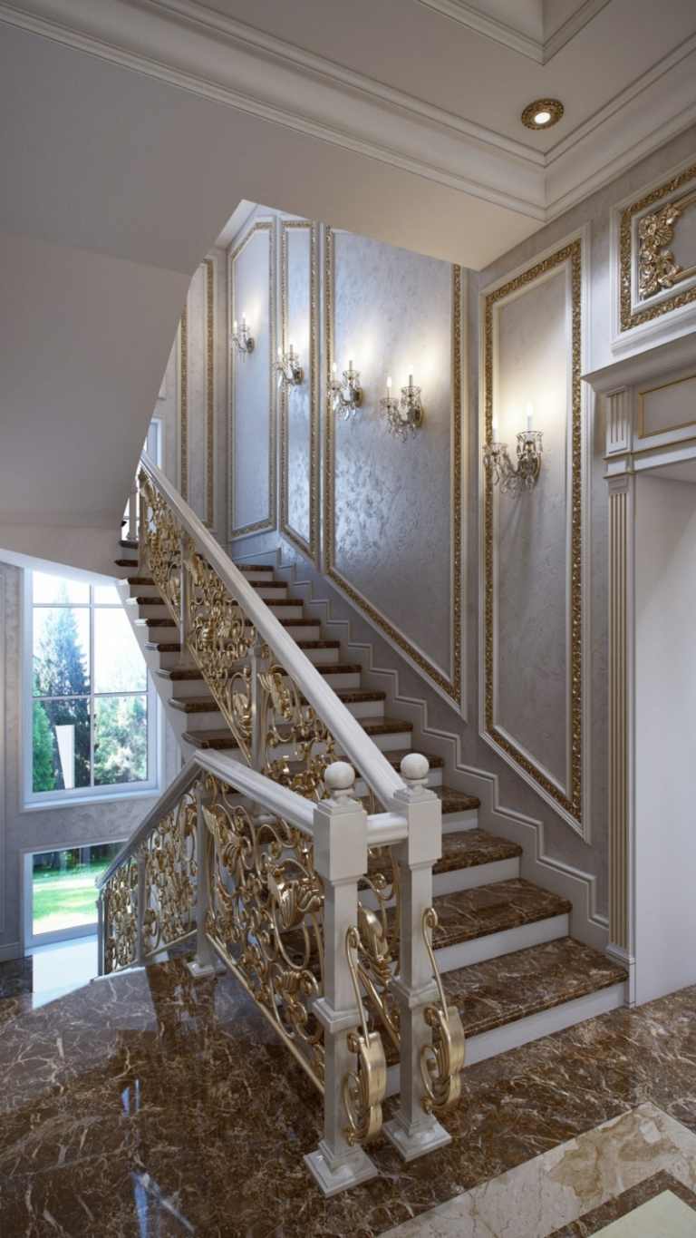 mobiliário de luxo candeeiros de parede franceses escadas área degraus mármore castanho