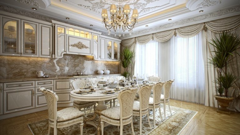 móveis luxuosos, cozinha francesa, estilo country, nobre, branco real, mesa de jantar