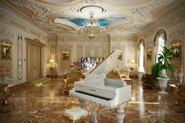 móveis de luxo francês piano branco parquet nobre teto ornamentos azul claro