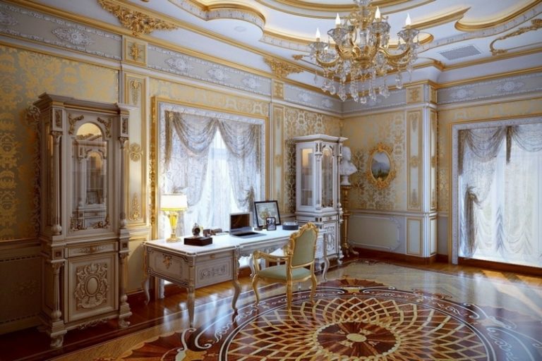 móveis de luxo francês escritório padrão em parquet mesa com detalhes em ouro branco