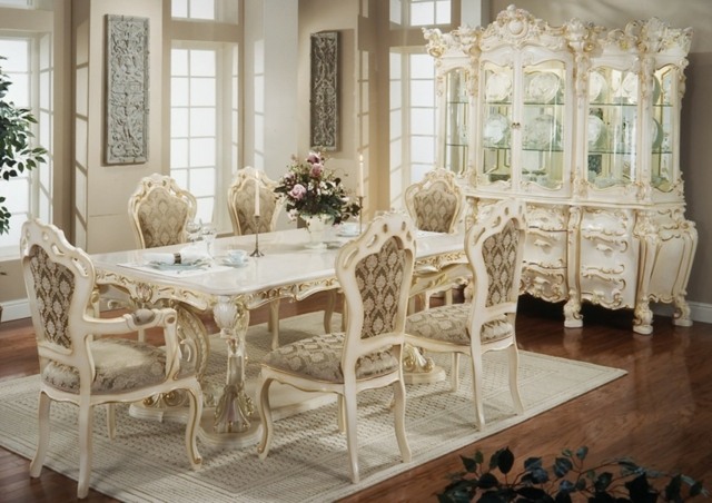 mobília ornamentada branca luxuosa sala de jantar francesa
