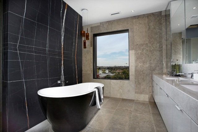 fundido mineral-lavatório-gabinete-banheira-preto-parede externa