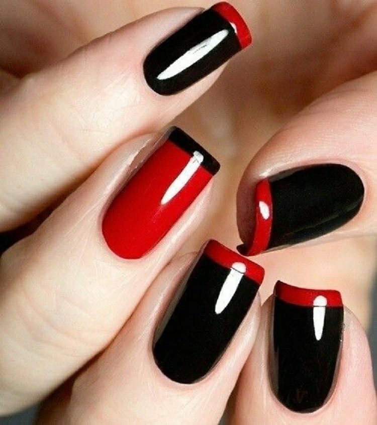 francês-unhas-dois-tons-vermelho-preto-longo-quadrado-brilhante